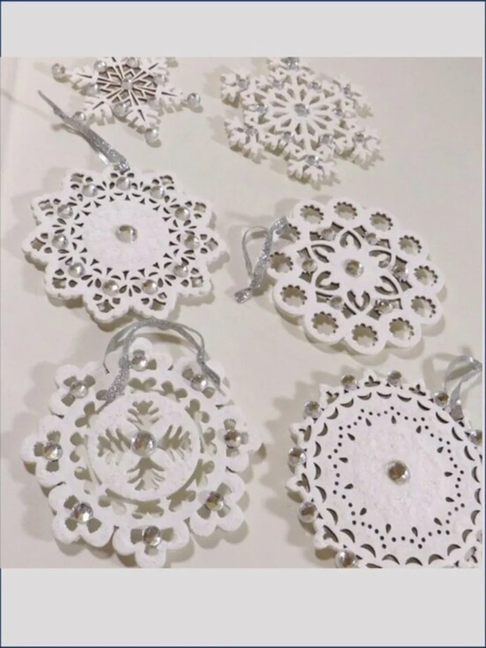 White Wood Snowflake Ornaments Set 6 Rhinestone Double Sided Hand Painted